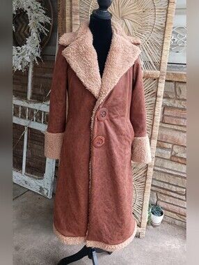 Classic Brown Faux-Suede Shearling Trench Coat_M